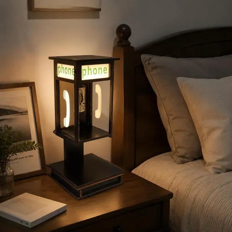 Vintage Table Lamp, London Telephone Booth Retro Nightlight with Warm LED, USB Powered Tabletop Fit Desk Accessory, Led Lighting