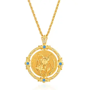 Fettero Gold Birth Flower Necklace – Dainty Rotating Coin Pendant, Birth Month Jewelry for Birthday & Christmas Gifts