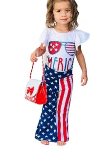 Girls' European Summer Style Independence Day Party, Sleeveless Romper + Long Pants Set, Two-Piece Ensemble for Kids, Fashion