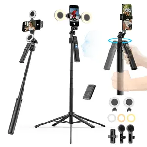 All in one vlogging kit R01 Kit Selfie Stick Tripod with Dual Fill Lights & Wireless Lavalier Microphones | Content Creator Vlogging Kit for TikTok, Live Streaming & Video Recording | Smart Phone Tripod with Light and Mic for iPhone & Android