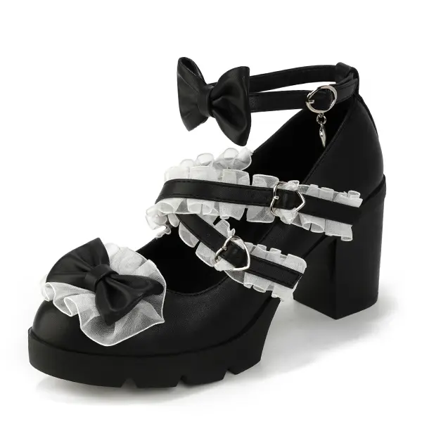 DADAWEN Women's Elegant Chunky-Heeled Mary Jane Footwear - Platform Shoe with Lace Bow Accent