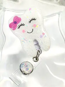 Tooth Badge Reel for Nurses and Dental Professionals Retractable Swivel Alligator Clip Compact 2 Inch Size with Glitter Design and Cute Face