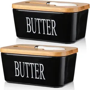 Butter Dish with lid Ceramics Butter Keeper Container with Knife and High- quality Silicone Sealing Butter Dishes with Covers Good Kitchen Gift, Set of 2, Black