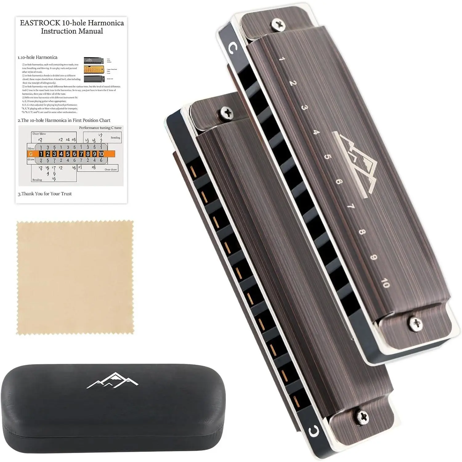 Harmonica, Blues Harmonica Mouth Organ 10 Hole C Key with Case, Diatonic Harmonica for Professional Player, Beginner, Students, Adult, , Gifts(Brushed Metal)