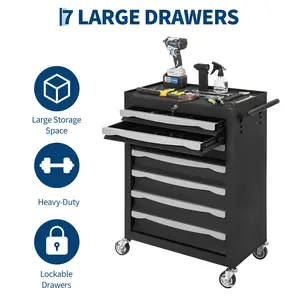 Large Capacity 7-Drawer Rolling Tool Chest with Lock – Heavy Duty Tool Storage Cabinet with Drawer Liners & Link Buckle – Mobile Tool Cart for Garage, Workshop, Warehouse – Toolbox on Wheels