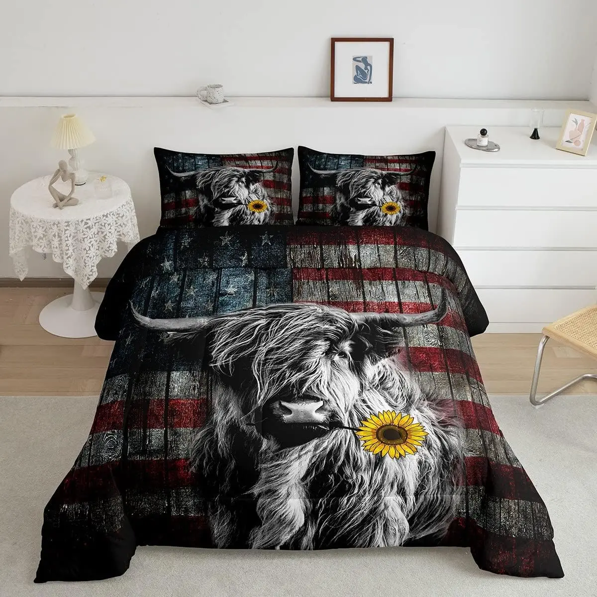 Luxury Digital Print Beddingset - Queen Comforter Set, Breathable Microfiber, Highland Cattle, Sunflower Highland Cow, American Flag Bull Designs, Comfy Decorative Bedding, Beddingsets, Comfy Bed Sets, Bed Comforter Set