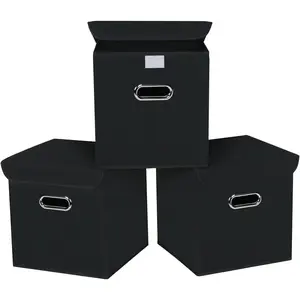 Closet Organizers Fabric Storage Bins With Lids Collapsible Cube Storage Organizer Basket With Handles,Storage Boxes for Clothes Storage,Office,Toys,3 Pack,(Black