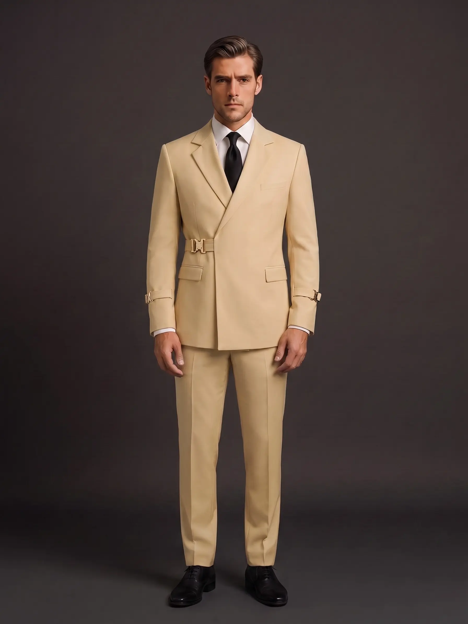 Men's 2-Piec Suit with Metal Clasp, Chic Fitted Long-Sleeve Mens Clothing, V-Neck Business & Casual Tuxedo, Men's 2 Piece Sets Trouser Matching Formal Wear Workwear