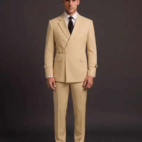 Men's 2-Piece Fitted Suit with Metal Clasp - Long-Sleeve V-Neck Formal Workwear & Retro Chic Business Party Tuxedo with Matching Trousers
