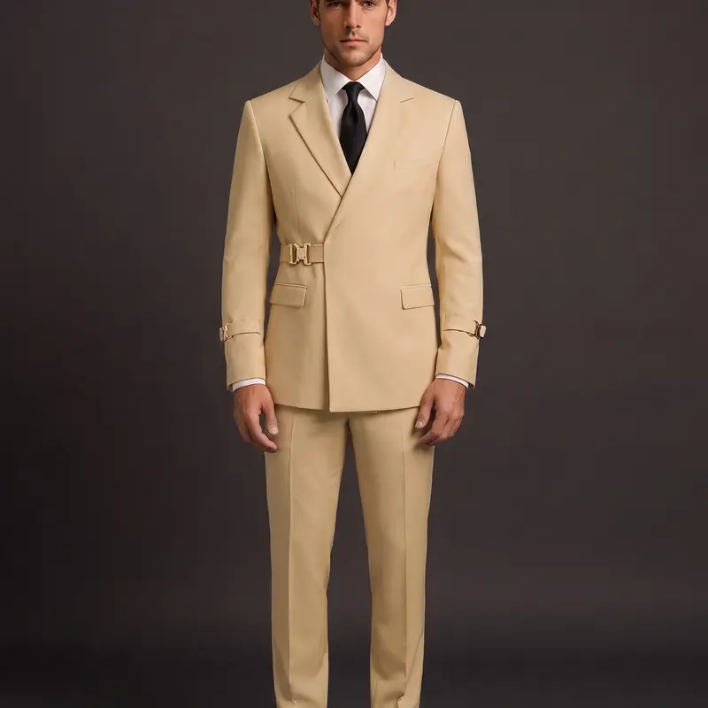 Men's 2-Piece Fitted Suit with Metal Clasp - Long-Sleeve V-Neck Formal Workwear & Retro Chic Business Party Tuxedo with Matching Trousers