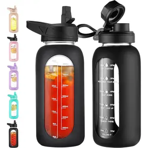 32 oz Glass Water Bottle with Straw and Handle, Large Sports Flask with Time Marker, 2 Lids and Silicone Sleeve, Leakproof Canteen for Gym, Black, Urban Style
