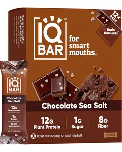 IQBAR Clean Plant Protein Bars - Chocolate Sea Salt - 12 Count - Keto, Vegan, High Fiber, Gluten and Dairy Free, Low Sugar Snack - Brain and Body Nutrients for Focus, Energy, Meal Replacement
