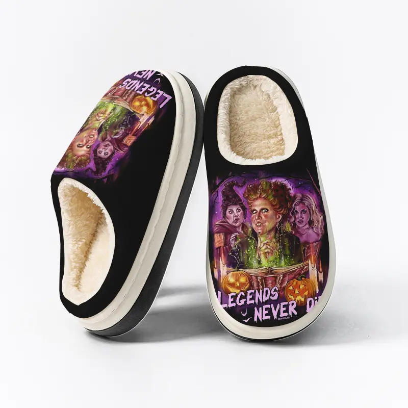 Kids' Halloween Theme Witch Print Round Toe Slippers - Purple Hocus Pocus Plush Snug Indoor Shoes, Durable Non-Slip Warm Winter Footwear for Toddlers & Big Kids, Plush Plush