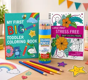 Toddler Coloring Book Bundle (Ages 3–5) – 128 Pages + ABC Learning Book with 100+ Animals, Vehicles & Fun Scenes + 24-Color Pencil Set