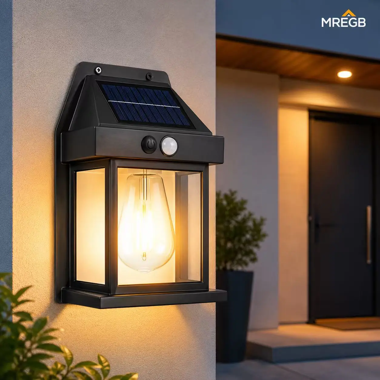 MREGB 1 Count Solar Powered Outdoor Wall Light. Waterproof LED Exterior Security Lamp with 3 Smart Lighting Modes. Energy Saving Wireless Night Light for Garden, Patio, Yard & Porch. Easy Install Home Outdoor Lighting.