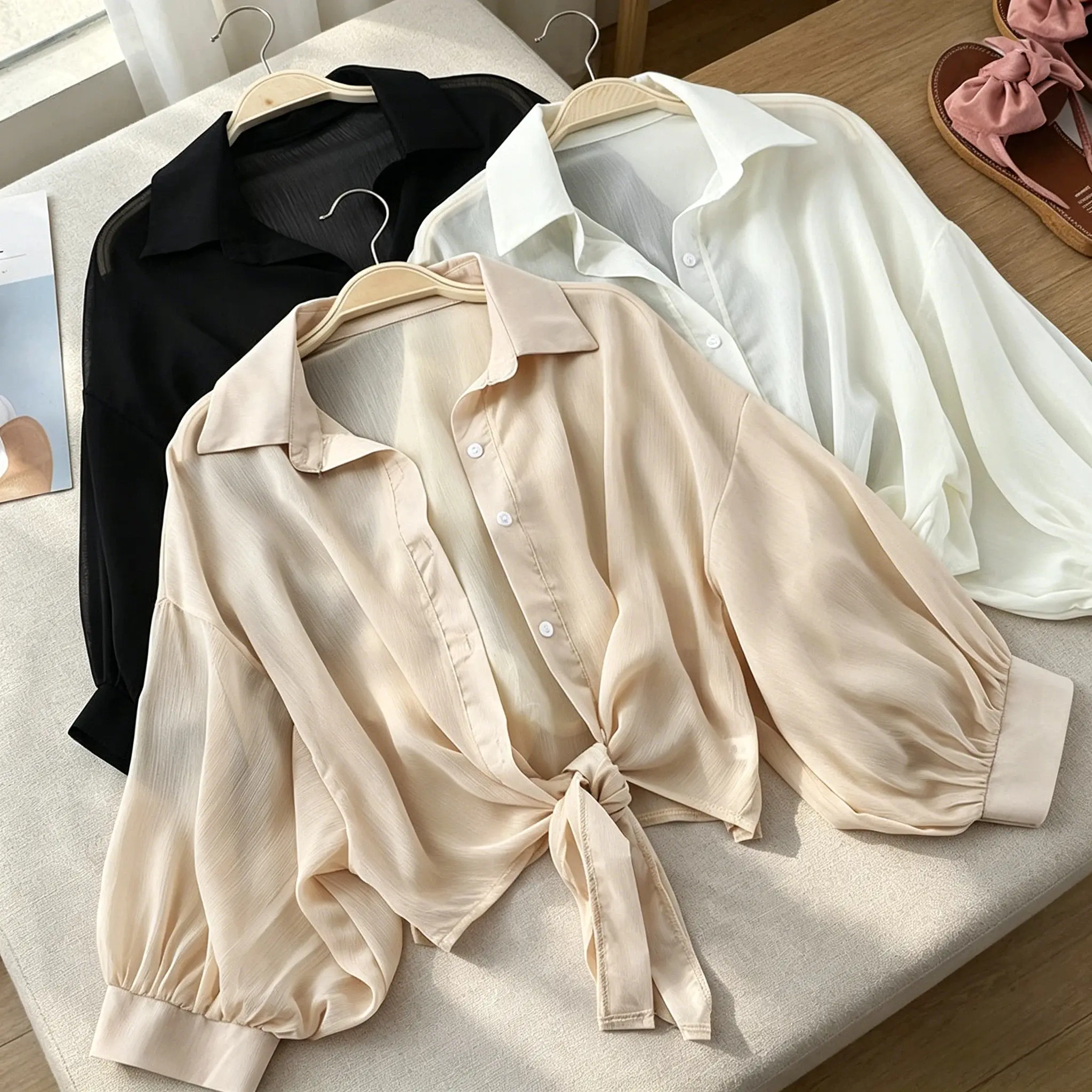 Women's Feminine Fashion Thin Chiffon Open-Front Shrug Outerwear Top, Summer Sun Protection Sheer Layering Casual Cover Up, Tops, Shirts, Elegant, Dress, Outdoor, Beach, Blouses, Comfortable, Soft, Fashion Apparel, 3/4 Sleeve