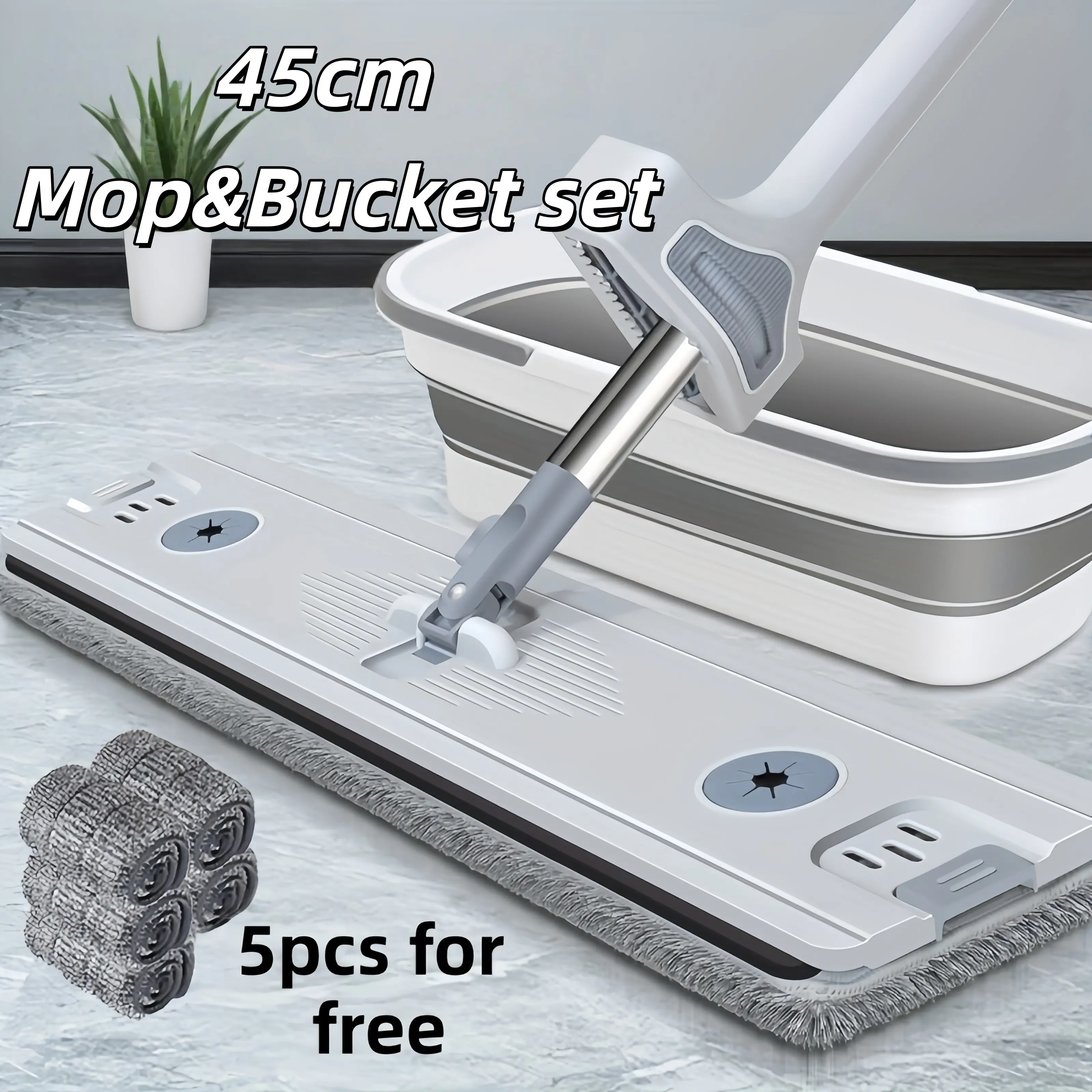 17.72inch Flat Mop And Folding Bucket Set with 5 Reusable Mop Pads - Heavy-Duty Wet/Dry Floor, 360° Rotating Head, Hands-Free Wringing System, Space-Saving Design for Hardwood, Tile, Laminate Floors - Low-Maintenance Mop System, Spray Mop