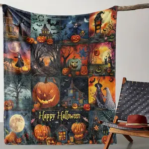 Vintage Halloween Patchwork Design Flannel Blanket - Soft and Warm for Sofa, Bed, Camping, Office - Perfect Halloween Gift