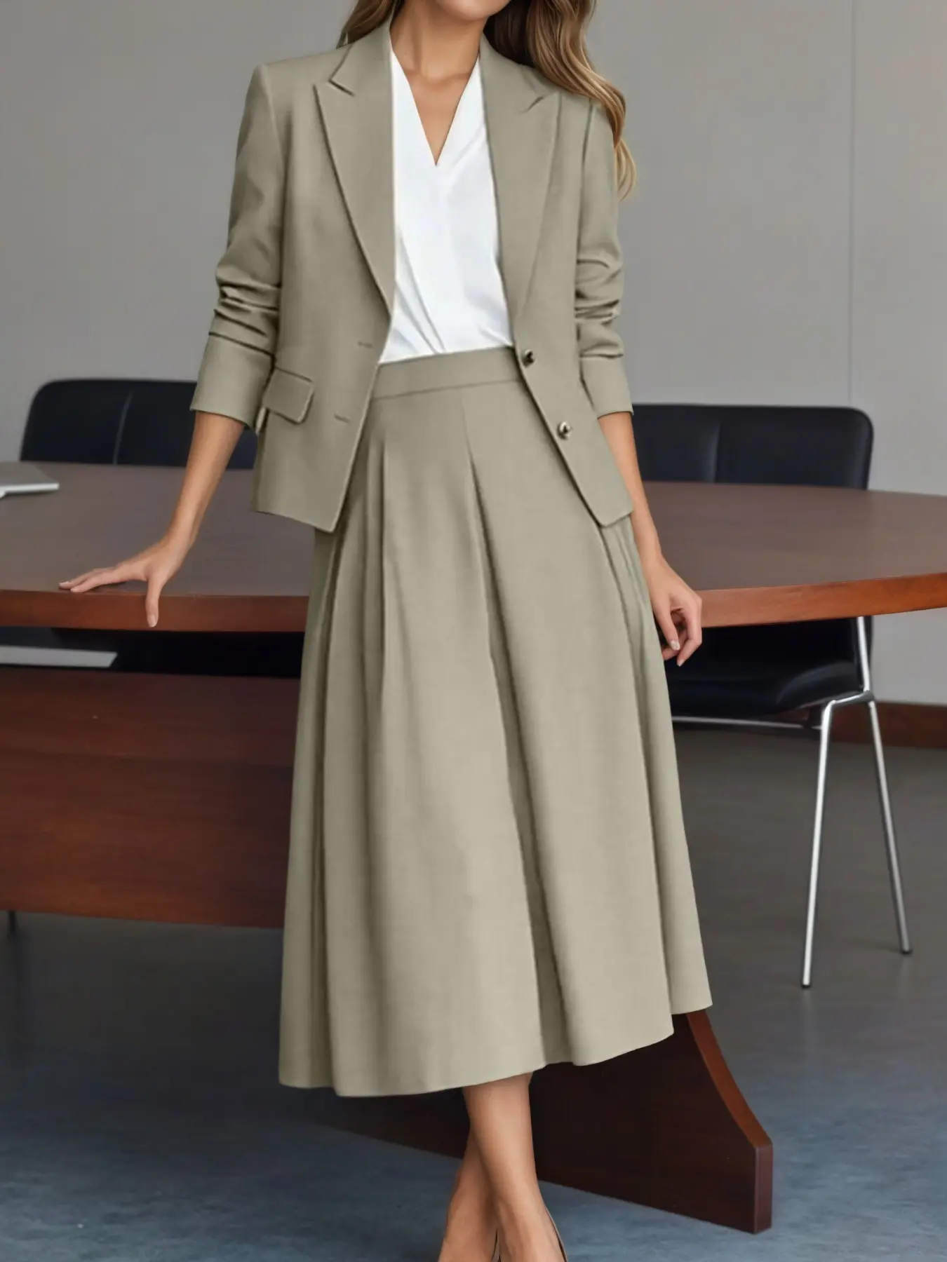 Women's Casual Solid Color Set Suits, Lapel Long Sleeve Open Front Blazer and Pleated High Waist Skirt, Perfect for Daily