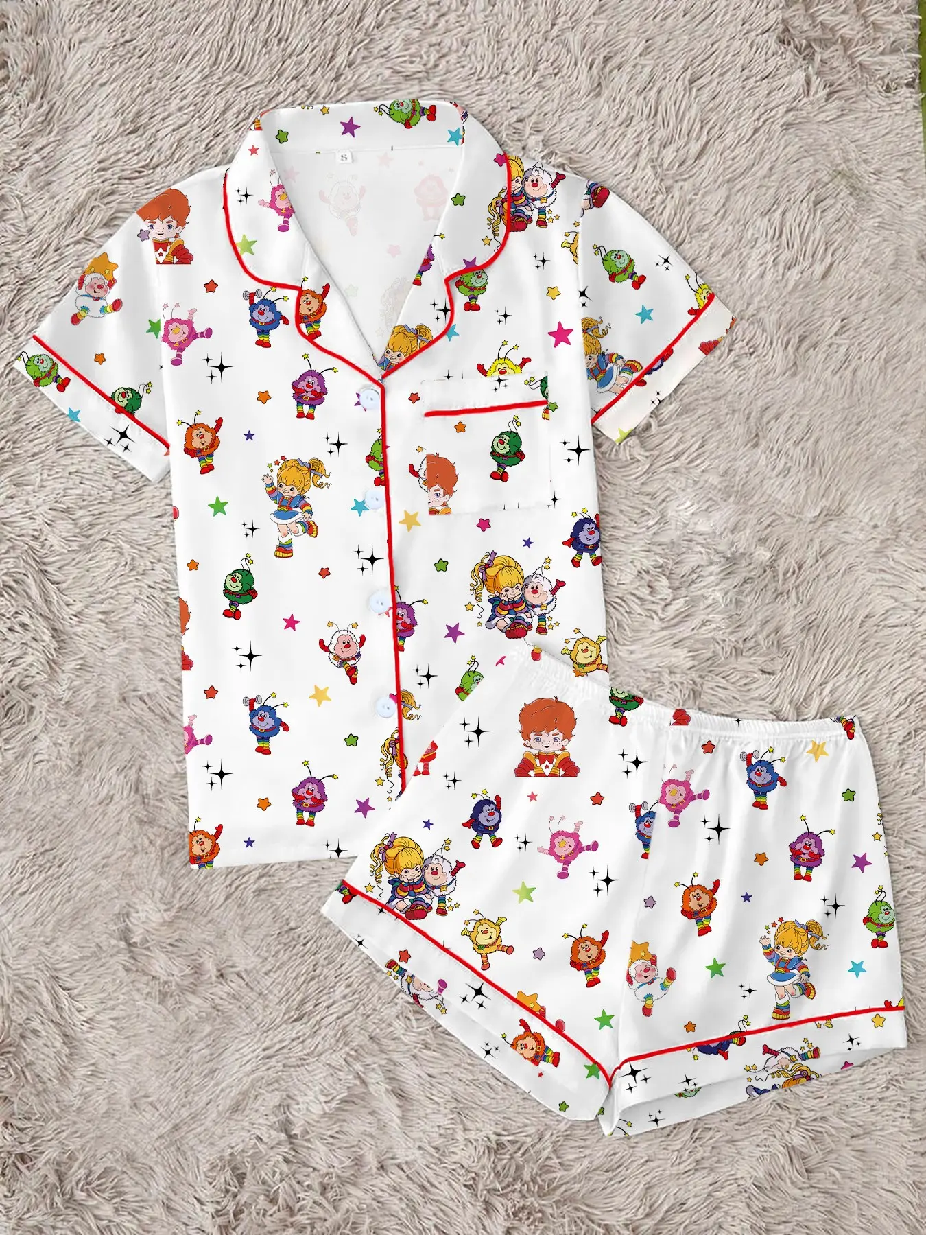 Women's Rainbow Girl Print Pajama Set Loungewear Sets, Comfortable Two-Piece Sleepwear, Short Sleeve Button-Up Top and Elastic Shorts, Casual Home Wear Loungewear