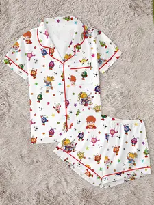 Women's Rainbow Girl Print Pajama Set, Comfortable Two-Piece Sleepwear, Short Sleeve Button-Up Top and Elastic Shorts, Casual Home Wear Loungewear