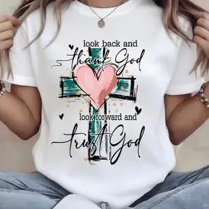 Christian Bible Verse Iron-On Patch "Look Back and Thank God, Move Forward and Trust God", Heart and Cross Design, Cursive Scripture, Washable Heat Transfer Decal for DIY T-Shirts, Fabric, Crafts, Faith Church Events