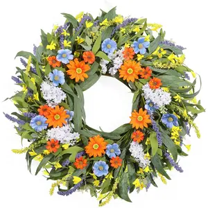 Spring Wreath for Front Door 24 Inch, Summer Floral Wreaths with Artificial Daisy and Lavender for All Season Home Decor Easter Indoor Outdoor Wall Celebrations