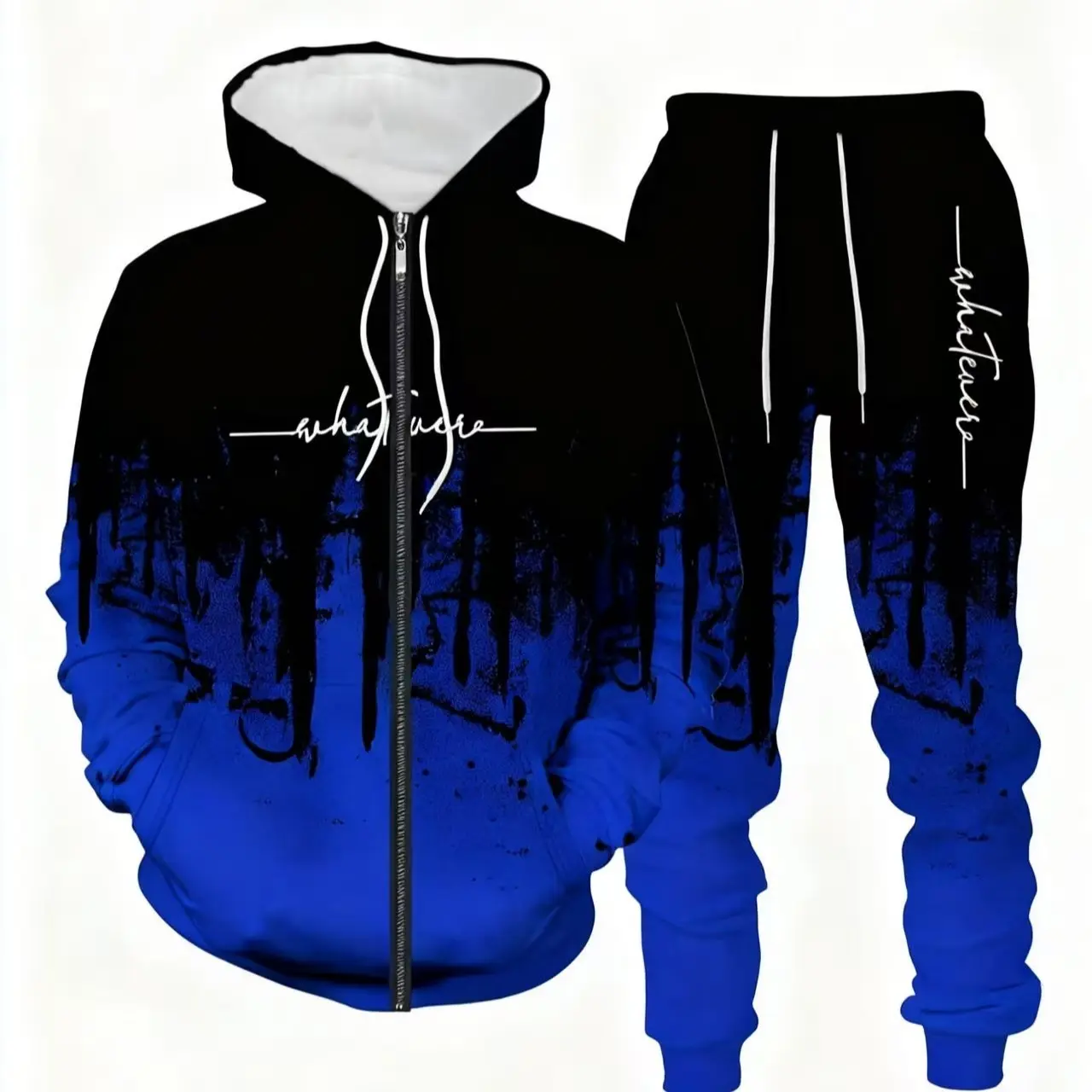 Men's Tracksuit 2-Piece Set, Color-Block Polyester Athletic Wear with Long Sleeve Zippered Hoodie, Fade-Resistant Indoor Outdoor Sportswear