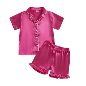 REDWOON Toddler Baby Girls Silk Pajamas Lapel Button Down Satin Pajama Set Short Sleeve T-Shirt Ruffle Shorts Kids Sleepwear