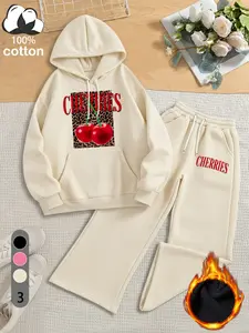 100% cotton clothing, "CHERRIES" cherry letter pattern print, a set of plush casual sports hoodie and sweatpants two-piece set, retro autumn and winter women's hooded sweatshirt set