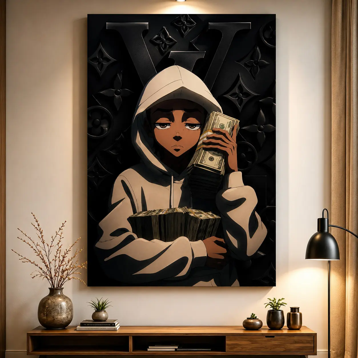 Riley Freeman Money-Themed Artistic Canvas Print "A Stack of Cash" - Masculine Modern Abstract Design House Decor for Hip-Hop Enthusiasts, Living Room & Modern Room Funky Wall Art Poster