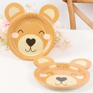 25-Pack Paper 7" Round Plates Brown Teddy Bear Print - Disposable 300GSM Cute Bear Themed Appetizer Dessert Party Plates for Baby Shower Birthday Event Decoration