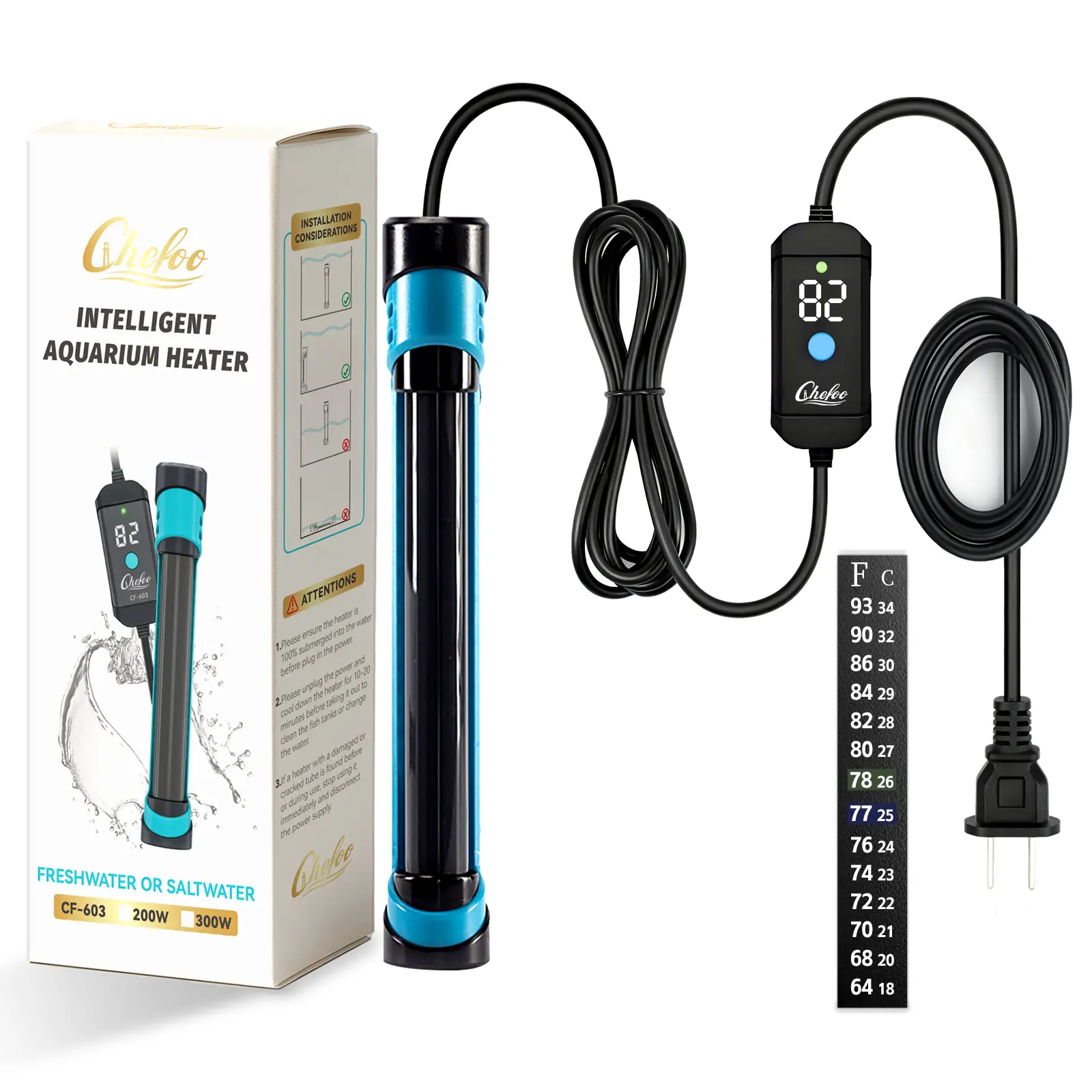 Chefoo Submersible Aquarium Heater - 100W-200W Adjustable Heating Control, Digital Display External Controller, Overheat Protection, Free Thermometer, Precise Temp for 10-30 Gal Freshwater/Saltwater Tanks
