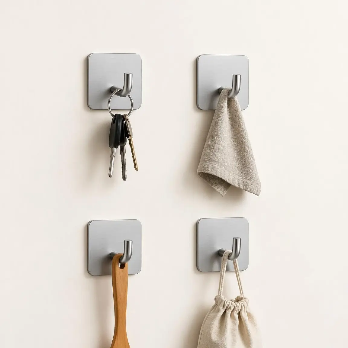 [1-Pack] Minimalist Matte Square Self-Adhesive Wall-Mounted Stainless Steel Hook, No-Drill Silver Stainless Towel Rack for Bathroom, Kitchen | Robe Organizer, Silver Towel Racks, Stainless Towel Racks