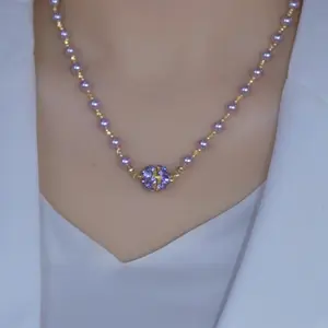 Purple Bead Pendant Necklace 14K Gold Plated Crystal Round Design, Chic French Style Lock Chain Elegant Statement Jewelry for Women DZXL3464