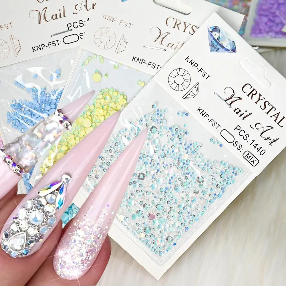 1440+ Pcs Mixed Size Aurora Diamond Nail Rhinestone Iridescent Green Crystal Nail Diamonds Flat Bottom Sparkle Nail Accessories