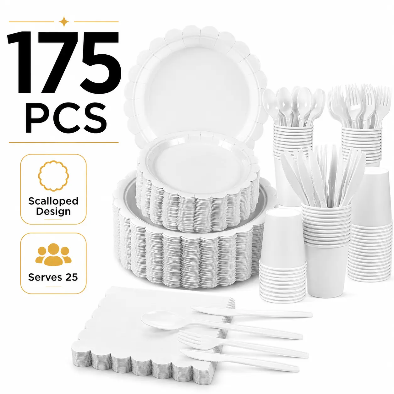 Disposable White Tableware Set with Knives - 175 Pcs for 25 Guests, Scalloped Paper Plates, Cups, Napkins & Plastic Cutlery for Wedding, Birthday