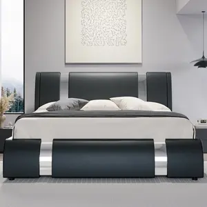 Modern Faux Leather Platform Bed Frame with Adjustable Headboard & Iron Décor – 800 LB Capacity | Queen King
