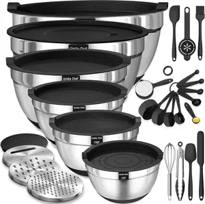 26PCS Stainless Steel Mixing Bowls Set with Airtight Lids Grater Attachments Non-Slip Bottoms for Kitchen Mixing & Serving 7 4 2.5 2.0 1.5 1QT