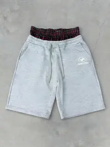 Men's Double-Waist Plaid Trim Fleece Shorts | Oversized Streetwear with SINCERE Logo | Trendy Layered Waistband Design | Perfect for Urban Style & Casual Summer Outfits | Comfortable Drawstring Sweat Shorts