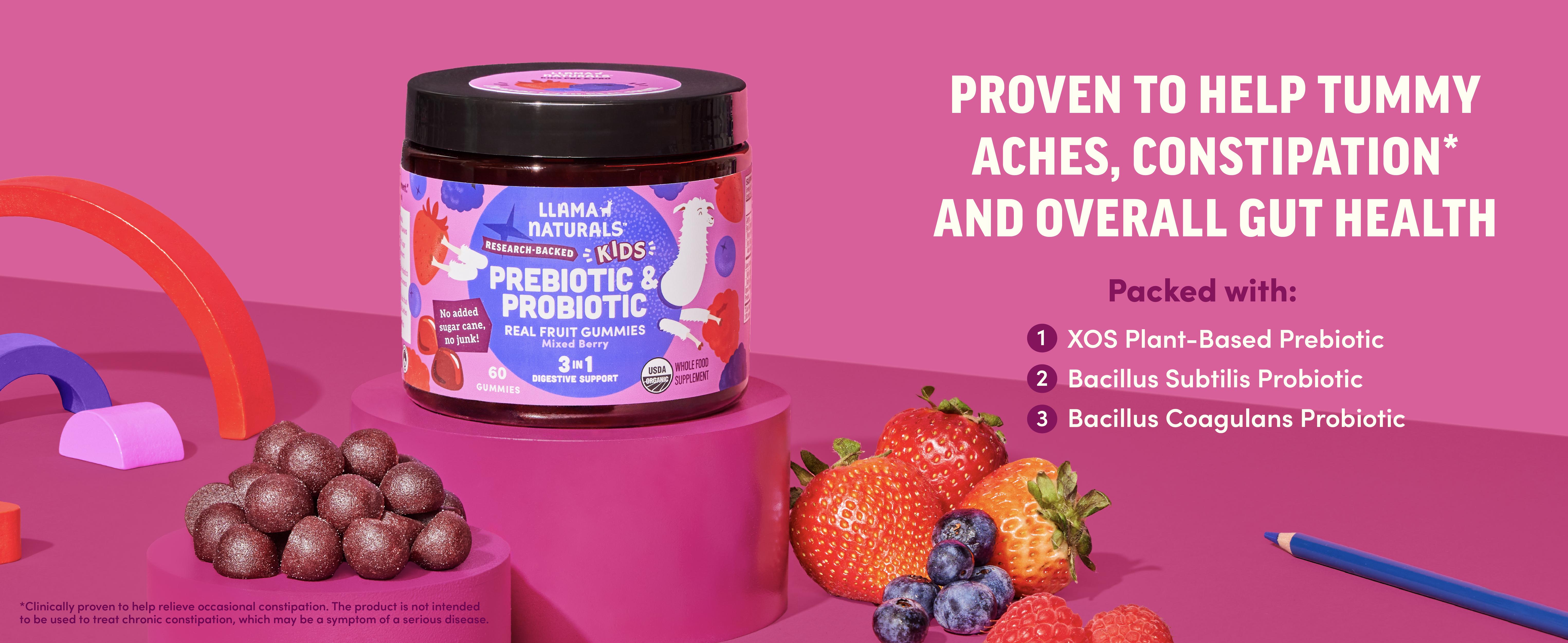 Llama Naturals Kids Probiotic with Prebiotic Fiber, Vegan, Organic Prebiotics and Probiotics Gummies for Gut Health Support, Real Fruit Gummy Vitamins, No Added Sugar Cane, Mixed Berry, 60 Ct