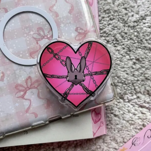 Chained Bunny Heart MagSafe Phone Grip, Grunge Bunny Griptok, Gothic Pink Heart Phone Stand, Alt Aesthetic Bunny Accessory, Lock & Chain Heart Gift
