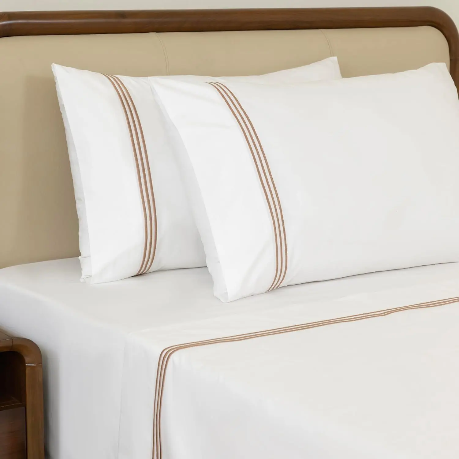 4pc Brown Embroidered Cotton Percale Sheet Set – 16 Inch Deep Pocket Fitted Sheet with Embroidered Flat Sheet & Pillowcases- Cool, Breathable & Crisp Bedsheet