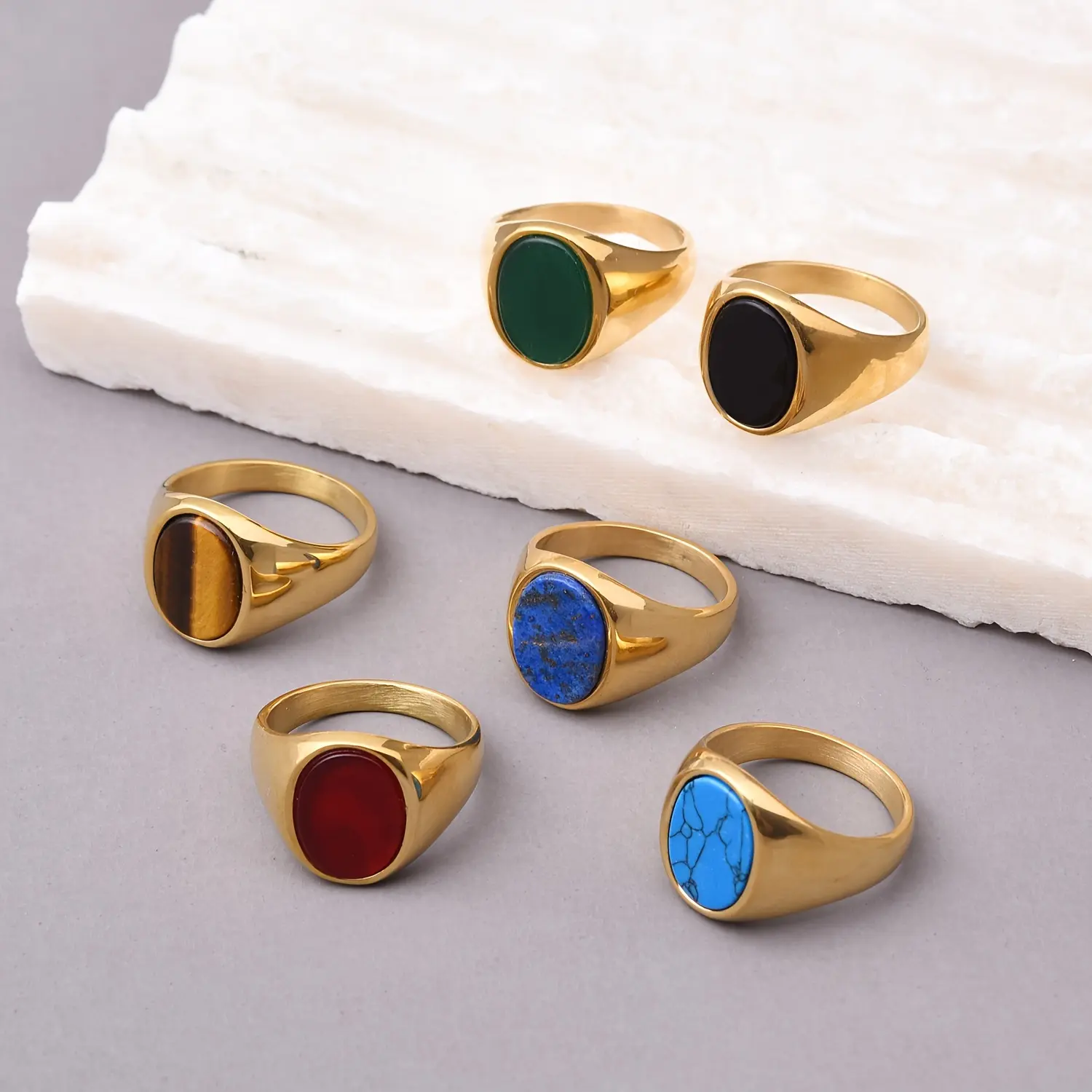Men's Vintage-Inspired Titanium Steel Ring with Natural Tiger Eye & Lapis Lazuli - Fashionable Oval Stone Design, Gold Plated 316L Stainless Steel