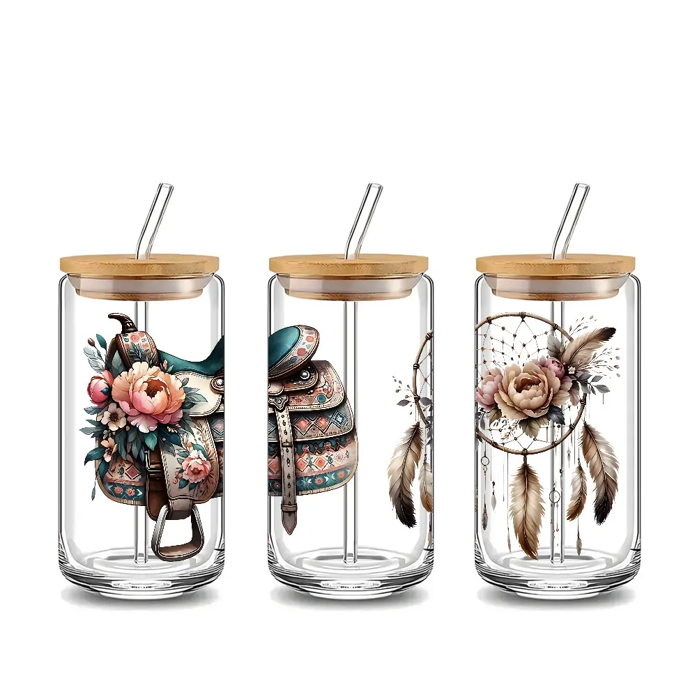 Bohemian Style Design 16oz Covered Straw Glass Drinking Cup (2 Styles), Reusable Glass Drinking Cup, High-Quality Glass Jar Design, Suitable for Iced Coffee, Beer, Juice, Fashionable Glassware. Perfect Gift for Coffee Lover, Mom, Family and Friends