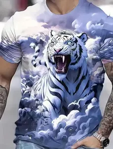 Men's Tiger Print 3D Animal Graphic Tee, Summer Short Sleeve Fitted Casual Round Neck Shirt, Thin Fabric Knit Minimalist Design for All Seasons