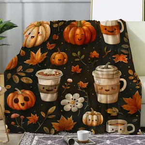 1pcHalloween gift  Flannel Throw Blanket, Autumn Pumpkin & Maple Leaf Coffee Print, Soft Warm Comfort Blanket for Sofa, Bed, Car, Office, Camping, Travel, All-Season Gift, Mixed Colors, Knitted, Polyester, Digital Print, Vintage Style,  Fabric Weight