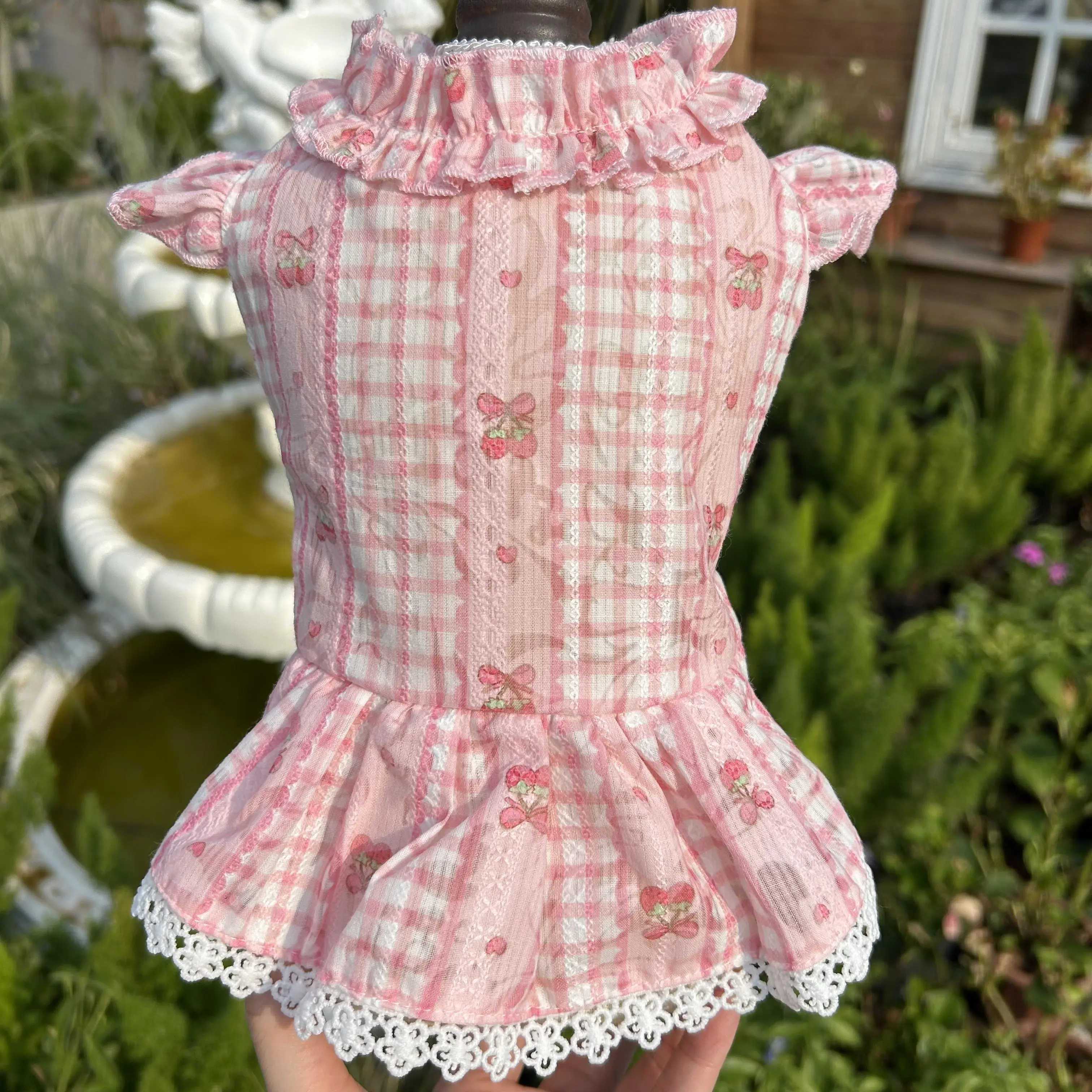 Cute Pink Cherry Plaid Dog Dress | Ruffle Lace Pet Skirt for Small Dogs Yorkie Maltese Chihuahua Summer Puppy Clothes Breathable Summer Dress for Female Dogs