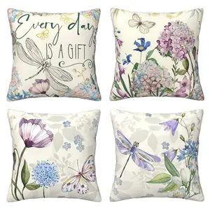 Every day is a gift "Embroidered flower pillowcase, spring and summer flower butterfly dragonfly decorative cushion cover, Home Textile, suitable for home sofas, 4-piece set with double-sided printing