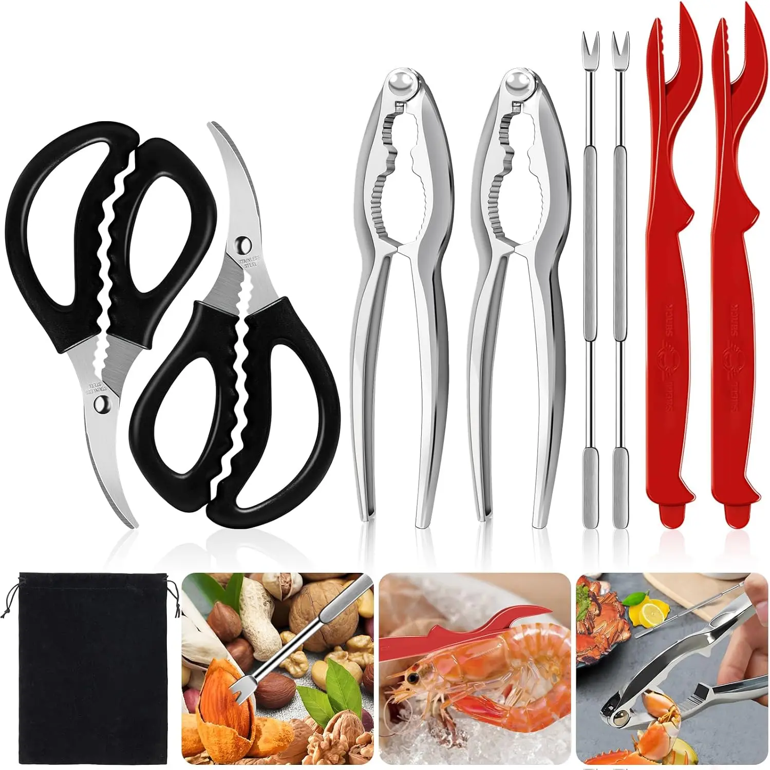 Seafood Tools Set Nut Cracker Tool Set Includes Crab Lobster Crackers, Stainless Steel Crab Leg Forks/Picks, Lobster Shellers and Seafood Scissors (8PCS)